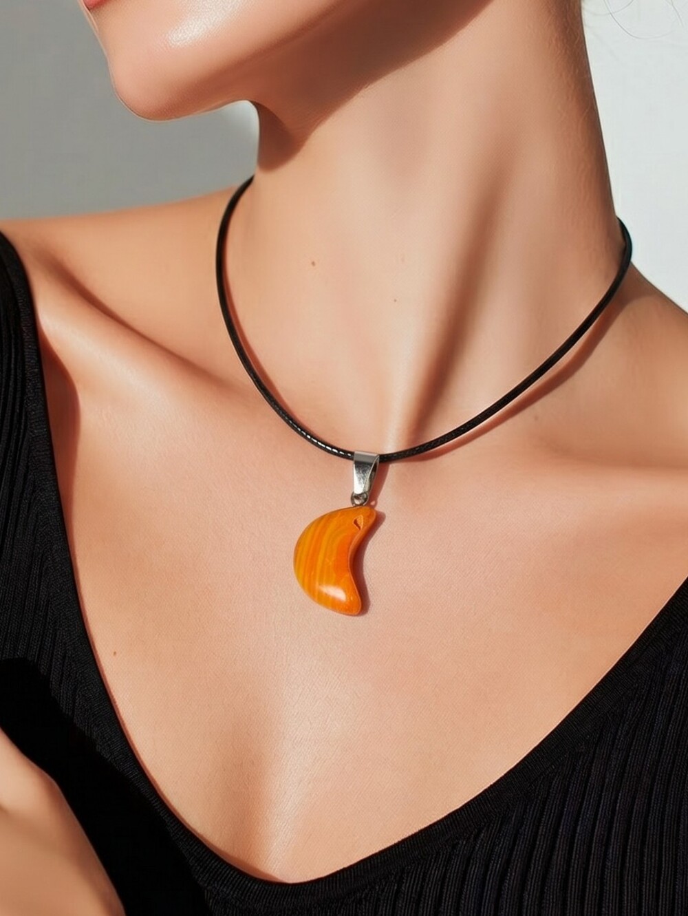 Orange Agate Crescent Moon Necklace Warm Banded Stone Celestial Crystal Pendant